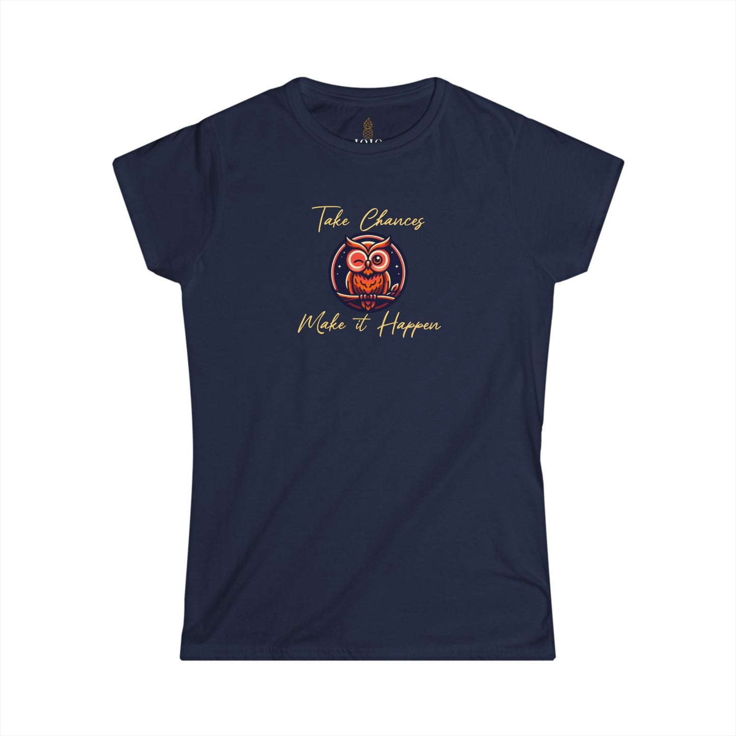 Navy women’s t‑shirt with motivational quote ‘Take Chances, Make It Happen’ and orange owl graphic.