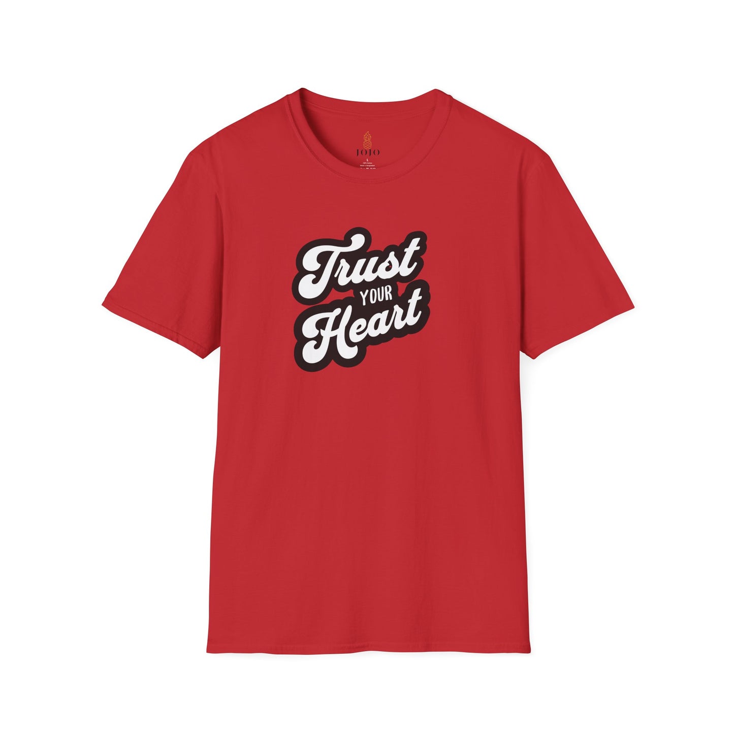 Red men t‑shirt with bold white ‘Trust Your Heart’ motivational quote in retro script