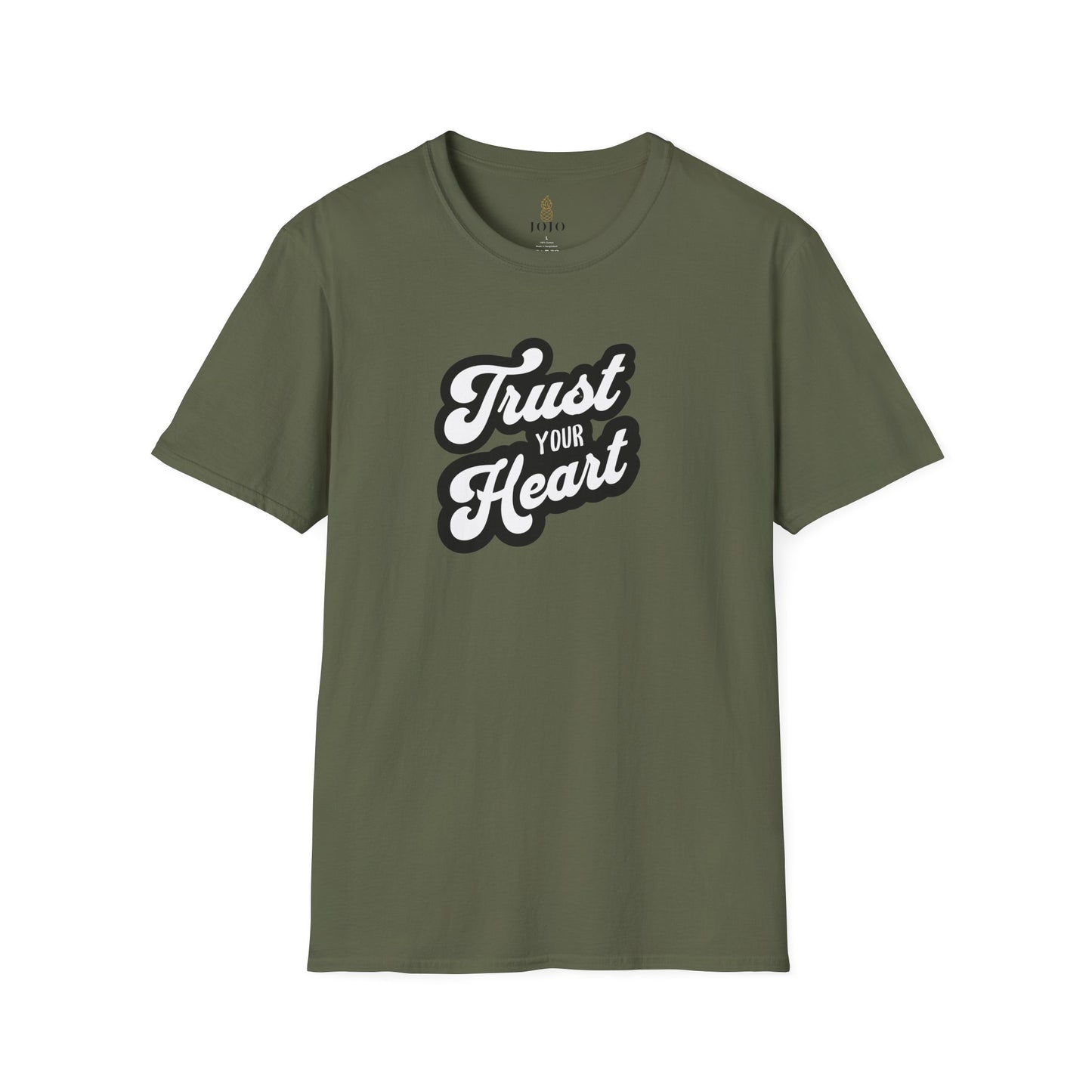 Olive men t‑shirt with bold white ‘Trust Your Heart’ motivational quote in retro script