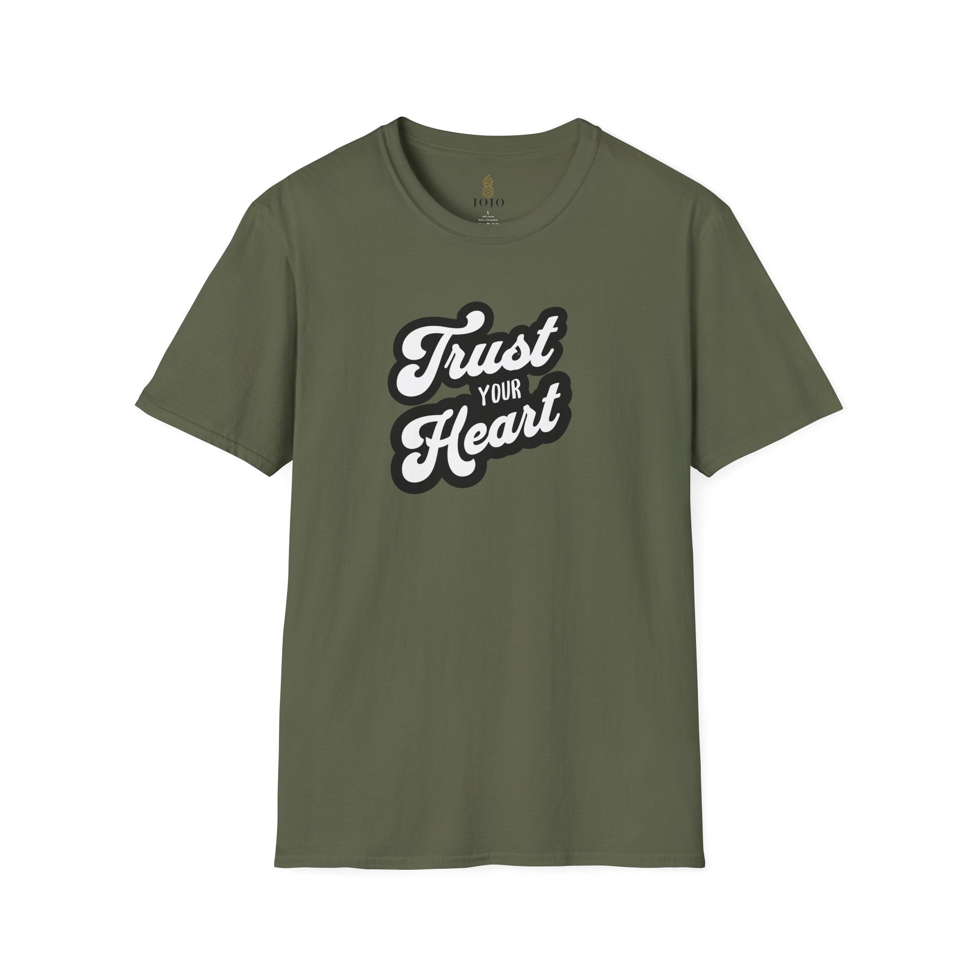Olive men t‑shirt with bold white ‘Trust Your Heart’ motivational quote in retro script
