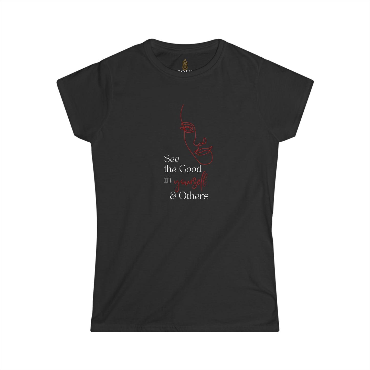 Black women’s t‑shirt with minimalist red line‑art face and motivational quote ‘See the Good in Yourself & Others.’