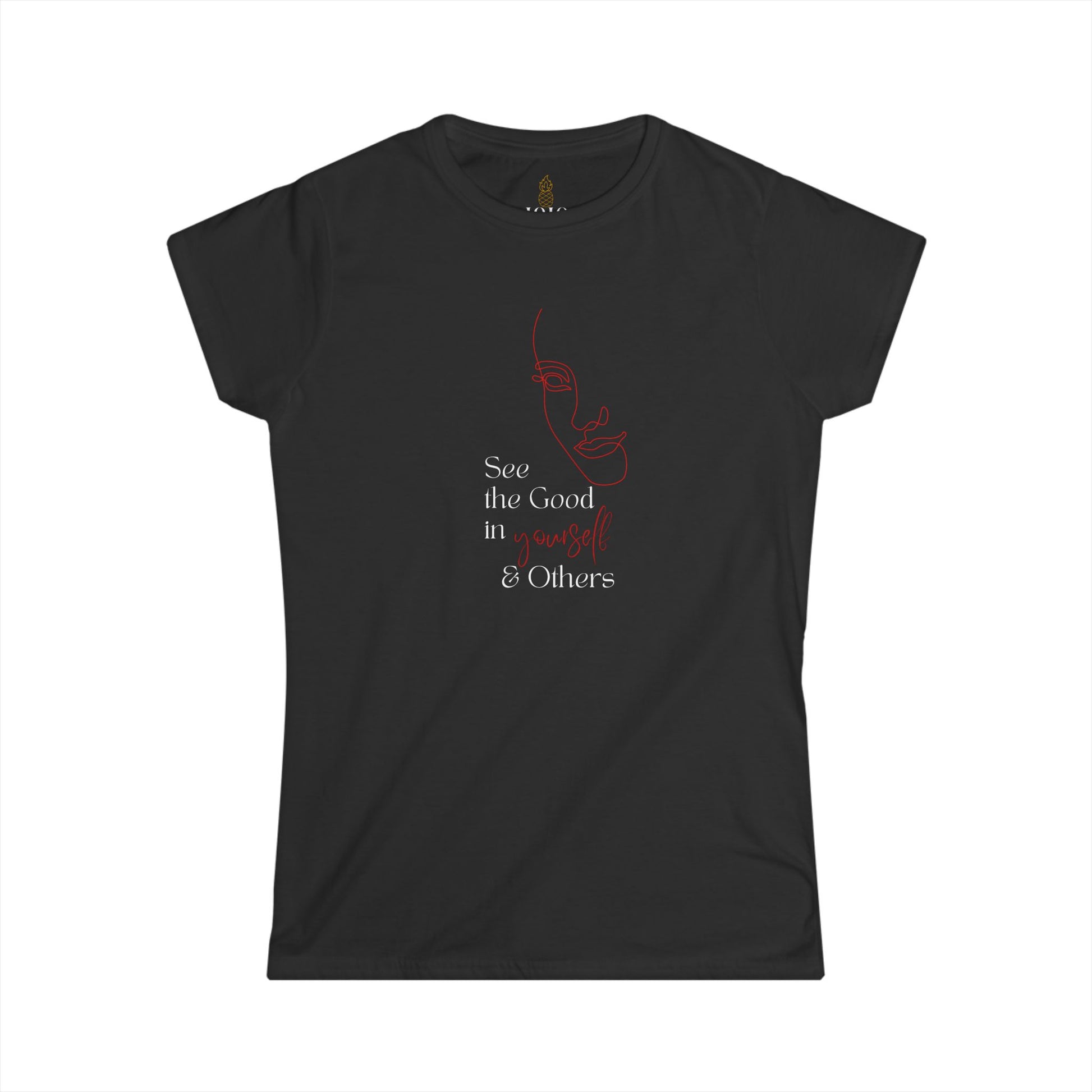 Black women’s t‑shirt with minimalist red line‑art face and motivational quote ‘See the Good in Yourself & Others.’