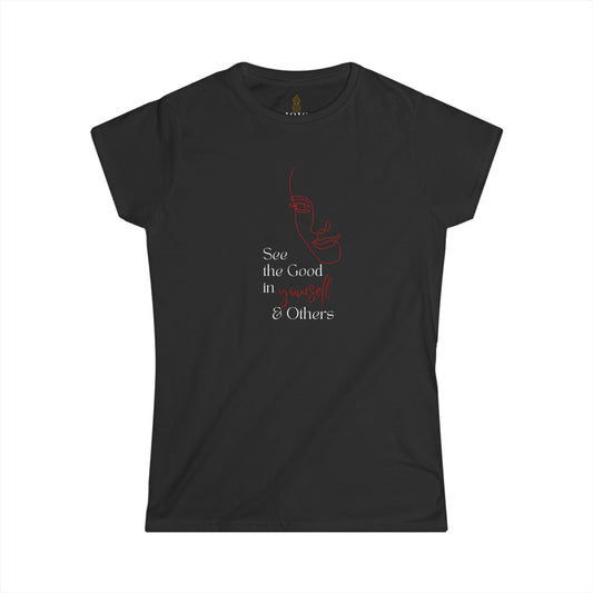 Black women’s t‑shirt with minimalist red line‑art face and motivational quote ‘See the Good in Yourself & Others.’