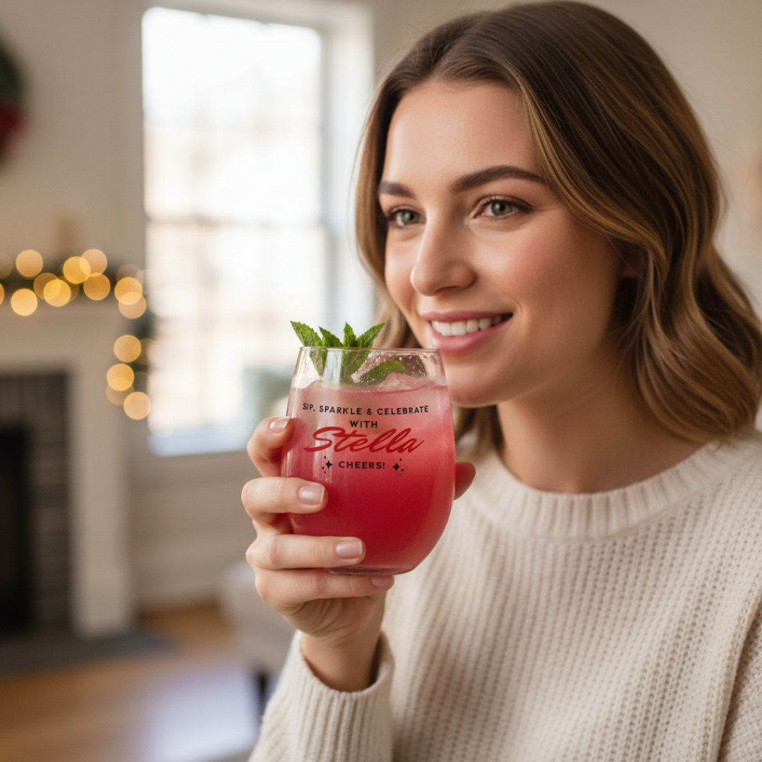 Sip, Sparkle, & Celebrate – Personalized 15 oz Stemless Wine Glass